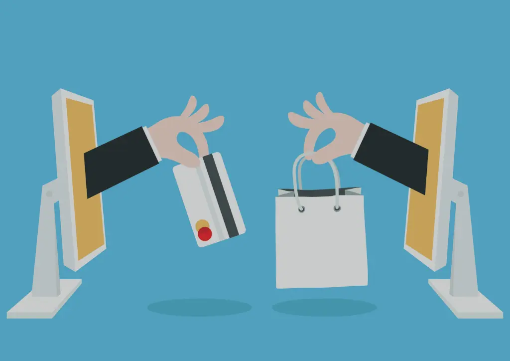 Illustration showing a credit card purchase and shopping bag coming out of computer screens