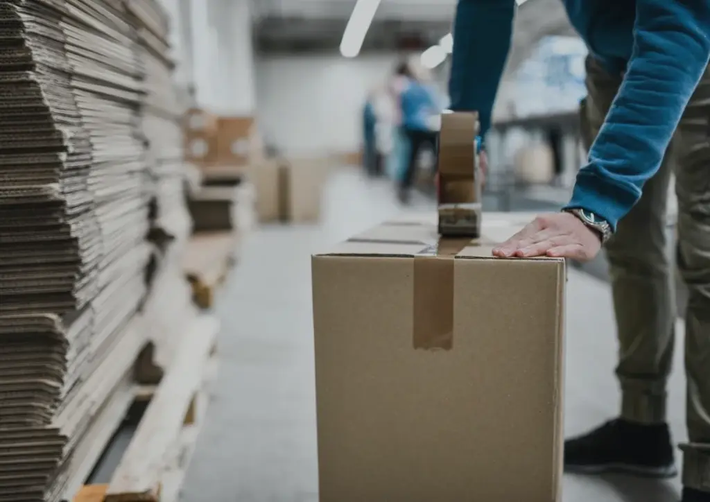 A warehouse worker taping a cardboard shipping box next to stacked pallets