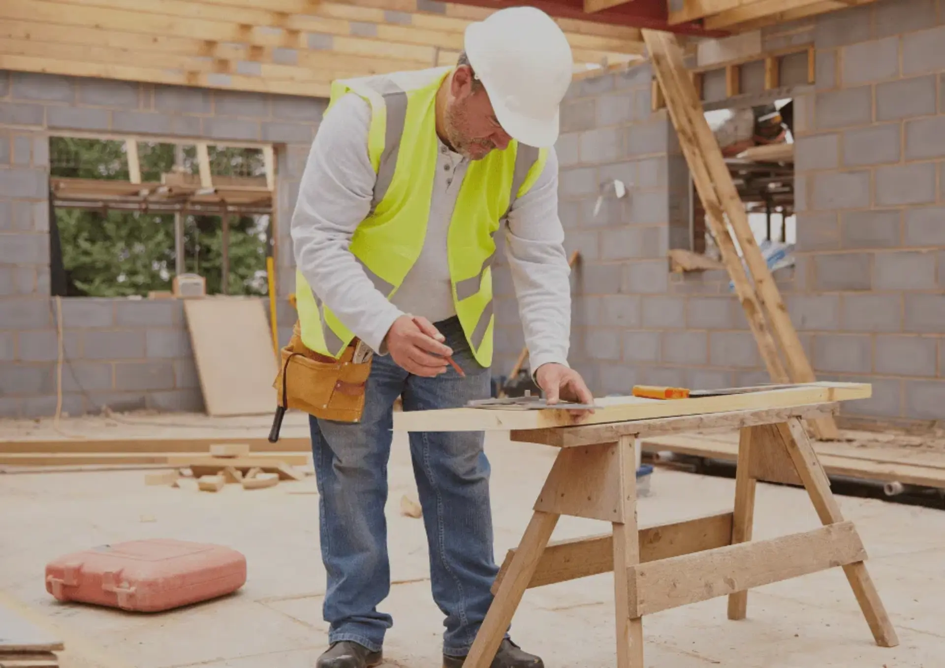 A professional carpenter working on a housing development, serving as a portfolio example of industry-specific web development for tradesmen in Northern Ireland.